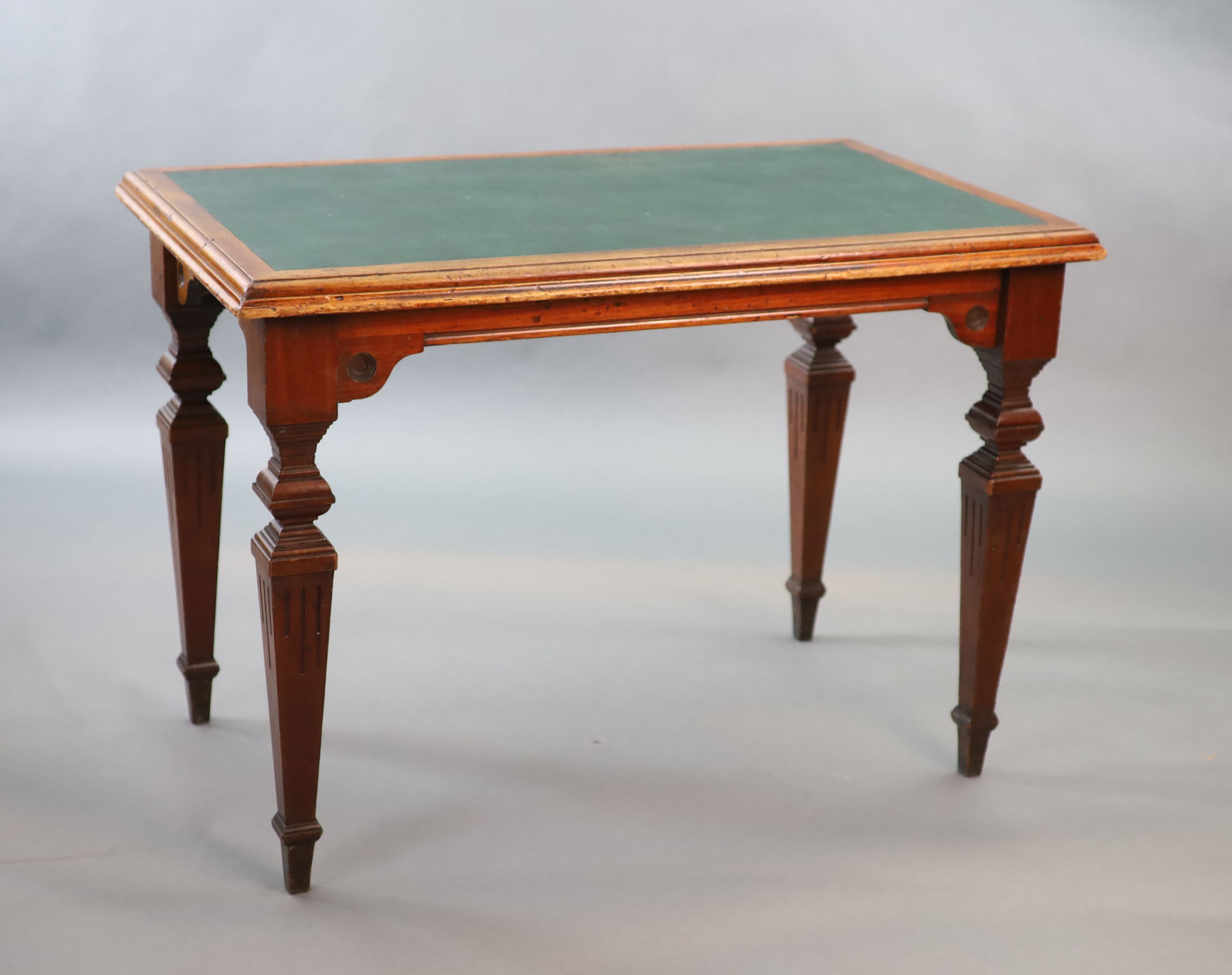 A late Victorian mahogany writing table, supplied by Sage & Co. Shopfitters of London, W.112cm D.68cm H.79cm